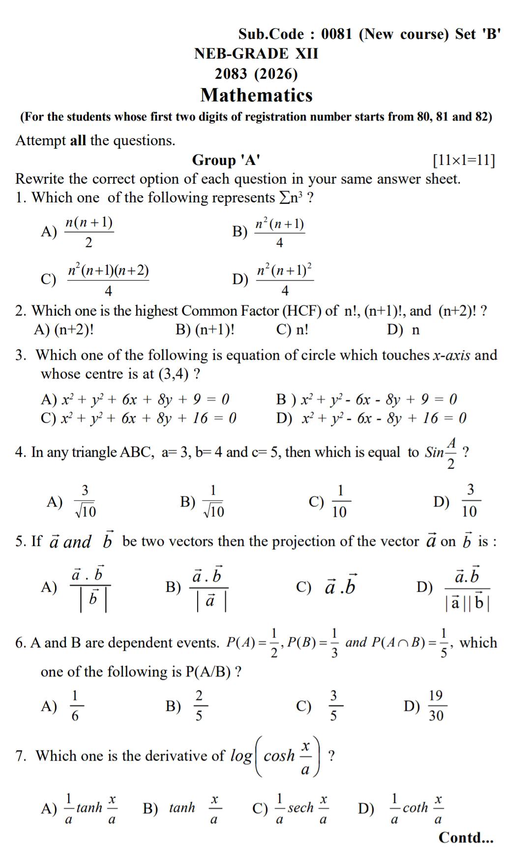 NEB Grade 12 Mathematics 2083