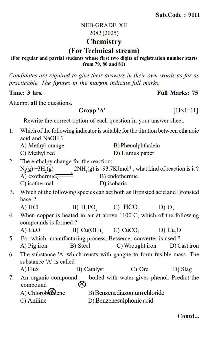 NEB Grade 12 Chemistry 2082