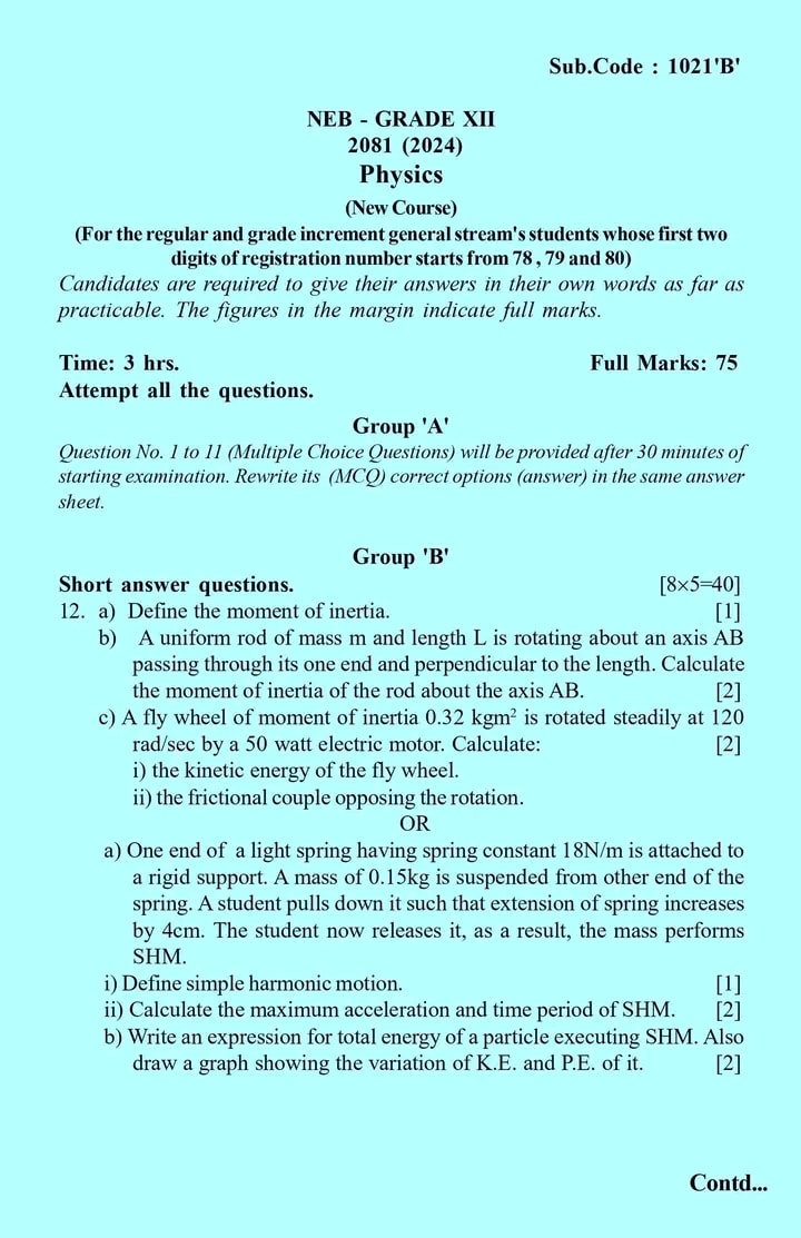 NEB Grade 12 Physics 2081 SET B